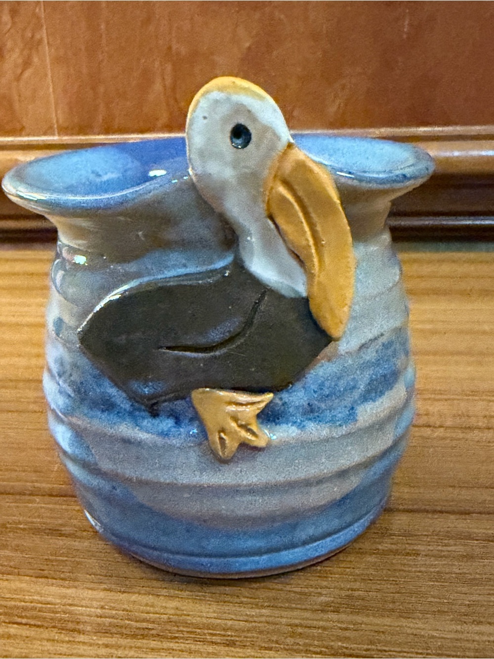 Vintage Studio Pottery Pelican Blue Crock Planter Boho 3D Art Vase Signed 4"